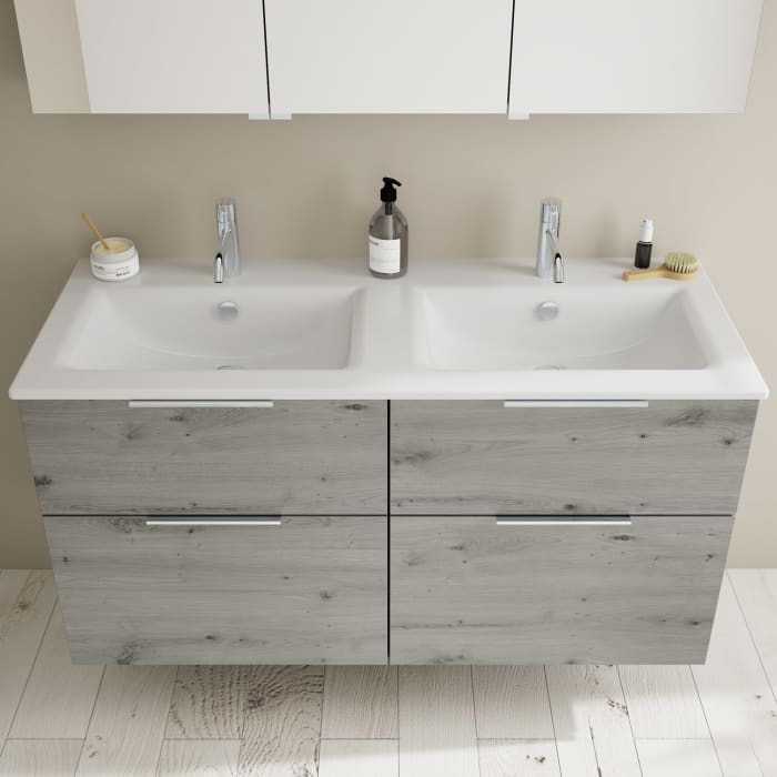 burgbad Eqio Waschtischkombination mit Keramik-Doppelwaschtisch Slim, 122 cm, mit Griff G0146