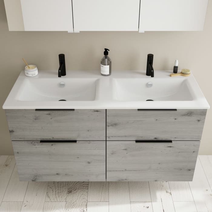 burgbad Eqio Waschtischkombination mit Keramik-Doppelwaschtisch Slim, 122 cm, mit Griff G0200