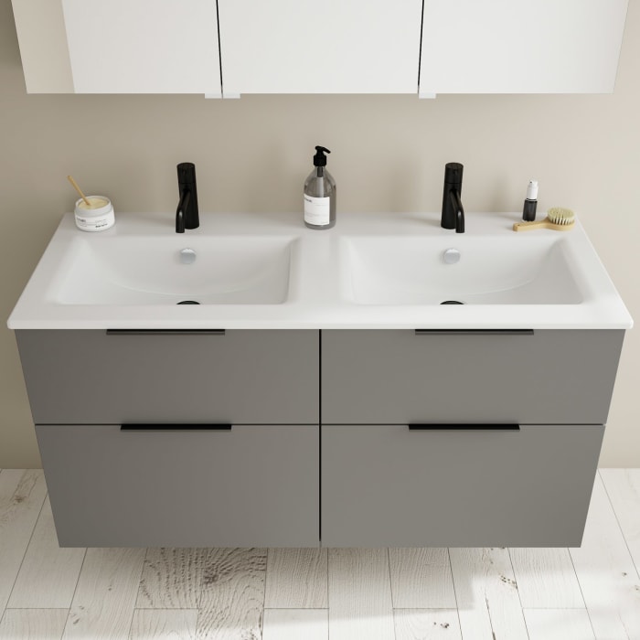 burgbad Eqio Waschtischkombination mit Keramik-Doppelwaschtisch Slim, 122 cm, mit Griff G0200