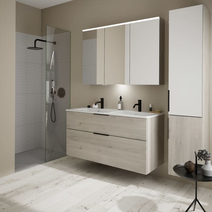 burgbad Eqio Waschtischkombination mit Keramik-Doppelwaschtisch Slim, 122 cm, mit Griff G0200