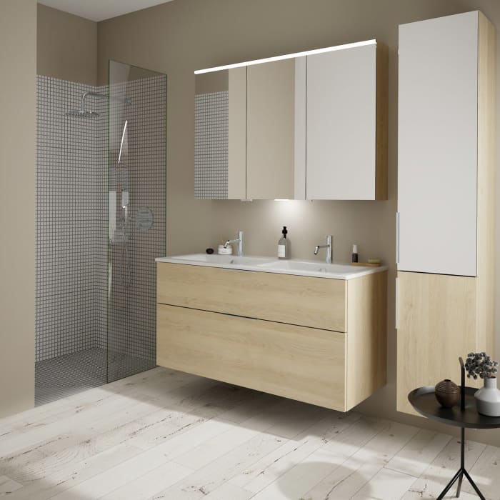 burgbad Eqio Waschtischkombination mit Keramik-Doppelwaschtisch Slim, 122 cm, mit Griff G0146