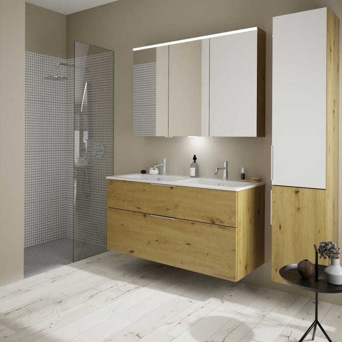 burgbad Eqio Waschtischkombination mit Keramik-Doppelwaschtisch Slim, 122 cm, mit Griff G0146