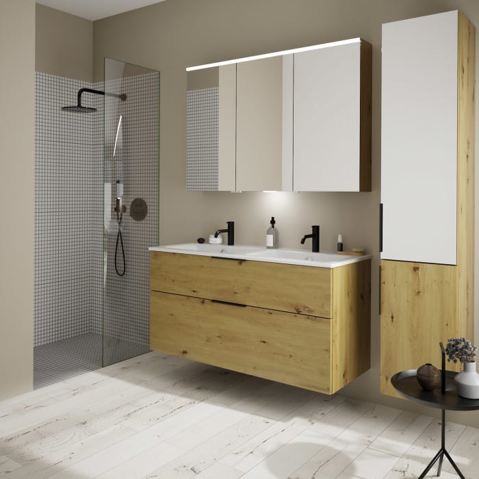 burgbad Eqio Waschtischkombination mit Keramik-Doppelwaschtisch Slim, 122 cm, mit Griff G0200