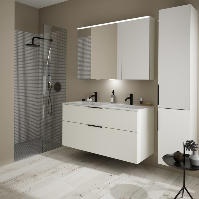 burgbad Eqio Waschtischkombination mit Keramik-Doppelwaschtisch Slim, 122 cm, mit Griff G0200