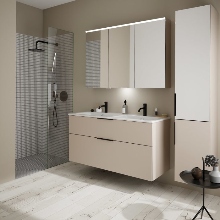 burgbad Eqio Waschtischkombination mit Keramik-Doppelwaschtisch Slim, 122 cm, mit Griff G0200