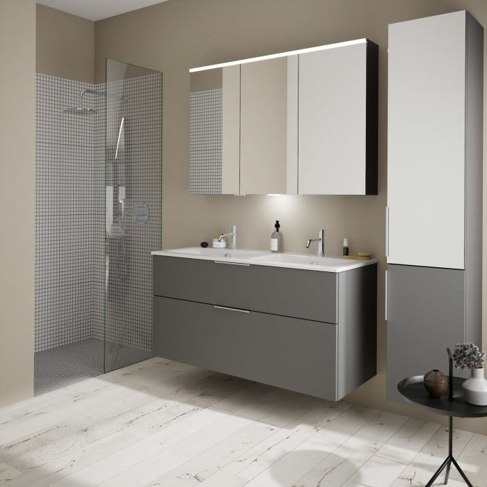 burgbad Eqio Waschtischkombination mit Keramik-Doppelwaschtisch Slim, 122 cm, mit Griff G0146