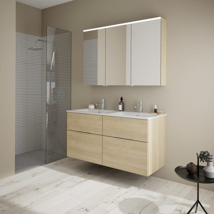 burgbad Eqio Waschtischkombination mit Keramik-Doppelwaschtisch Slim, 122 cm, mit Griff G0146