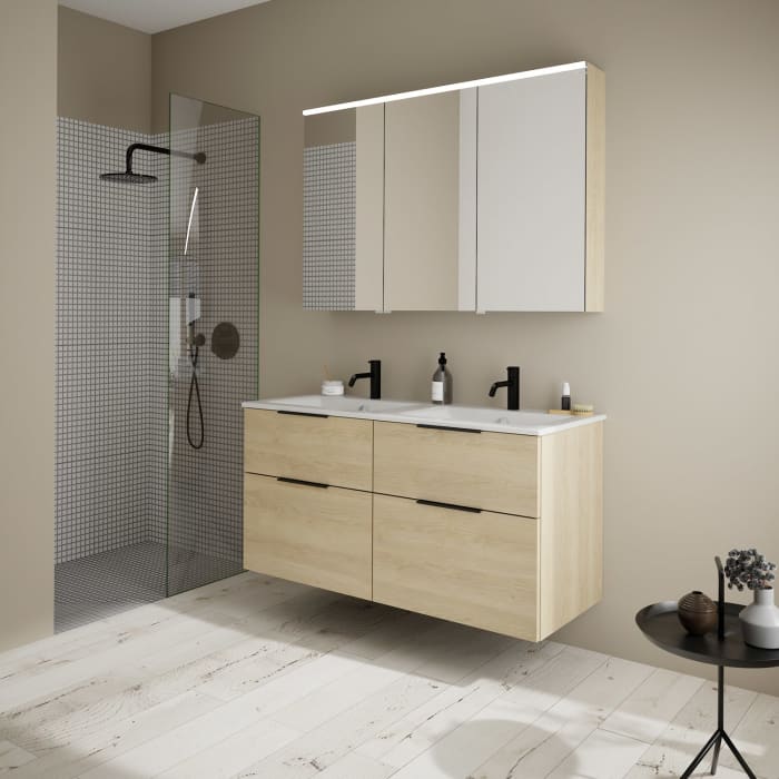 burgbad Eqio Waschtischkombination mit Keramik-Doppelwaschtisch Slim, 122 cm, mit Griff G0200