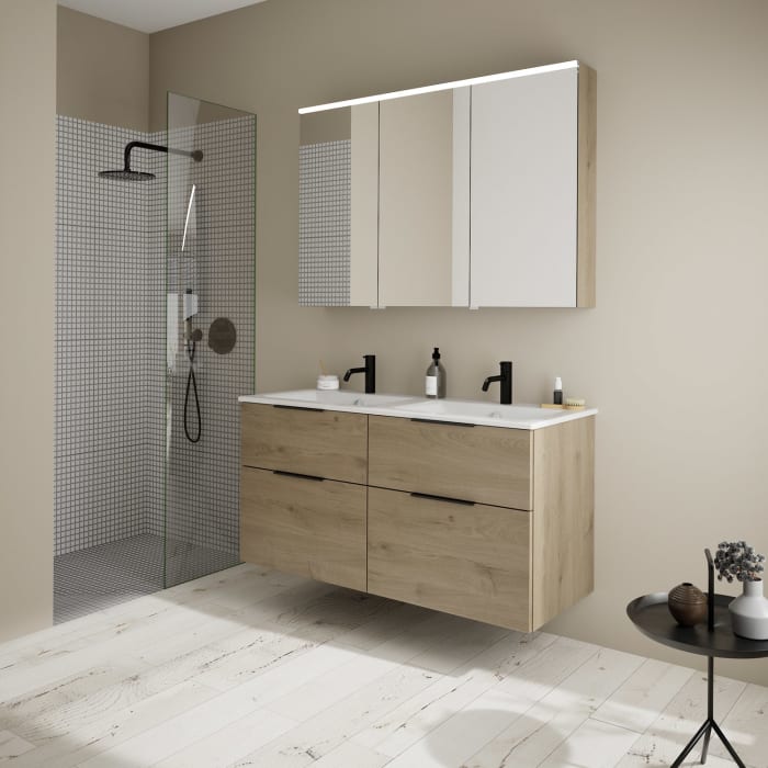 burgbad Eqio Waschtischkombination mit Keramik-Doppelwaschtisch Slim, 122 cm, mit Griff G0200