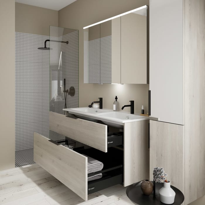 burgbad Eqio Waschtischkombination mit Keramik-Doppelwaschtisch Slim, 122 cm, mit Griff G0200