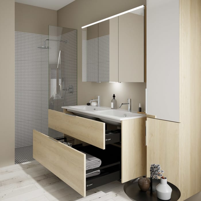 burgbad Eqio Waschtischkombination mit Keramik-Doppelwaschtisch Slim, 122 cm, mit Griff G0146