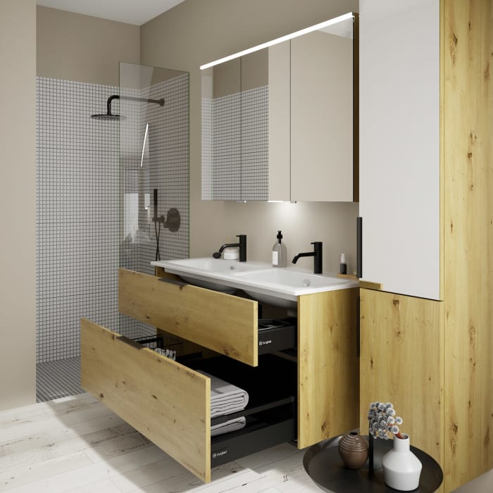 burgbad Eqio Waschtischkombination mit Keramik-Doppelwaschtisch Slim, 122 cm, mit Griff G0200