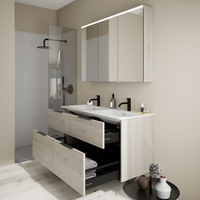 burgbad Eqio Waschtischkombination mit Keramik-Doppelwaschtisch Slim, 122 cm, mit Griff G0200