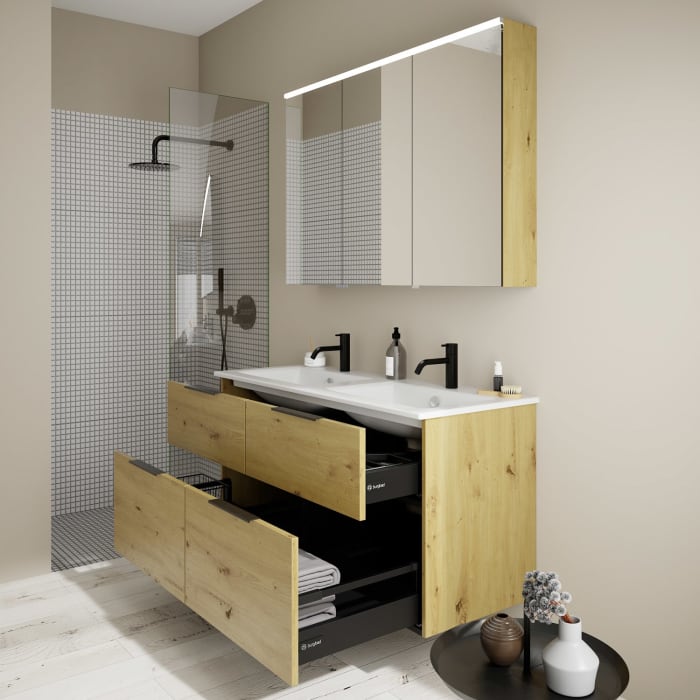 burgbad Eqio Waschtischkombination mit Keramik-Doppelwaschtisch Slim, 122 cm, mit Griff G0200