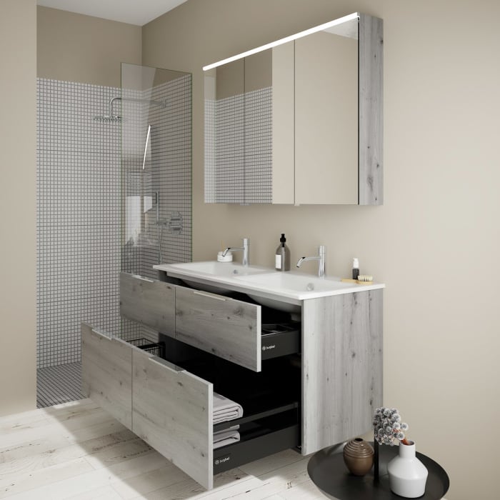 burgbad Eqio Waschtischkombination mit Keramik-Doppelwaschtisch Slim, 122 cm, mit Griff G0146