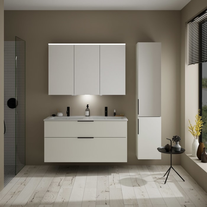 burgbad Eqio Waschtischkombination mit Keramik-Doppelwaschtisch Slim, 122 cm, mit Griff G0200