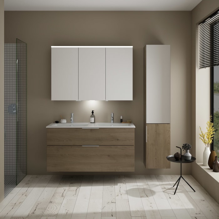 burgbad Eqio Waschtischkombination mit Keramik-Doppelwaschtisch Slim, 122 cm, mit Griff G0146