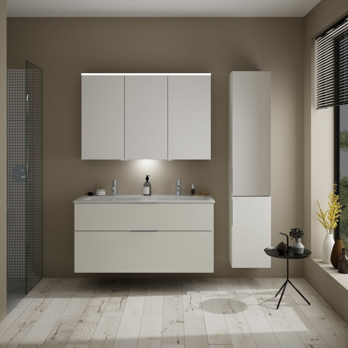 burgbad Eqio Waschtischkombination mit Keramik-Doppelwaschtisch Slim, 122 cm, mit Griff G0146