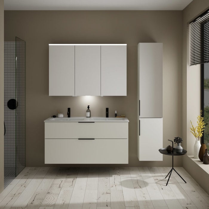 burgbad Eqio Waschtischkombination mit Keramik-Doppelwaschtisch Slim, 122 cm, mit Griff G0200