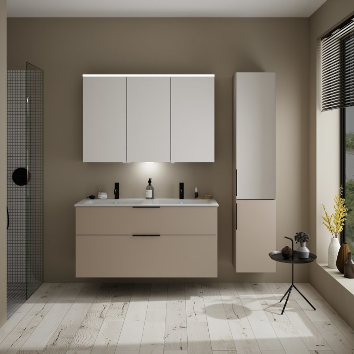 burgbad Eqio Waschtischkombination mit Keramik-Doppelwaschtisch Slim, 122 cm, mit Griff G0200