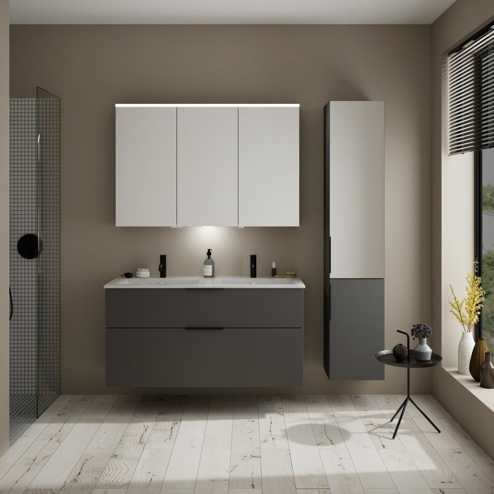 burgbad Eqio Waschtischkombination mit Keramik-Doppelwaschtisch Slim, 122 cm, mit Griff G0200