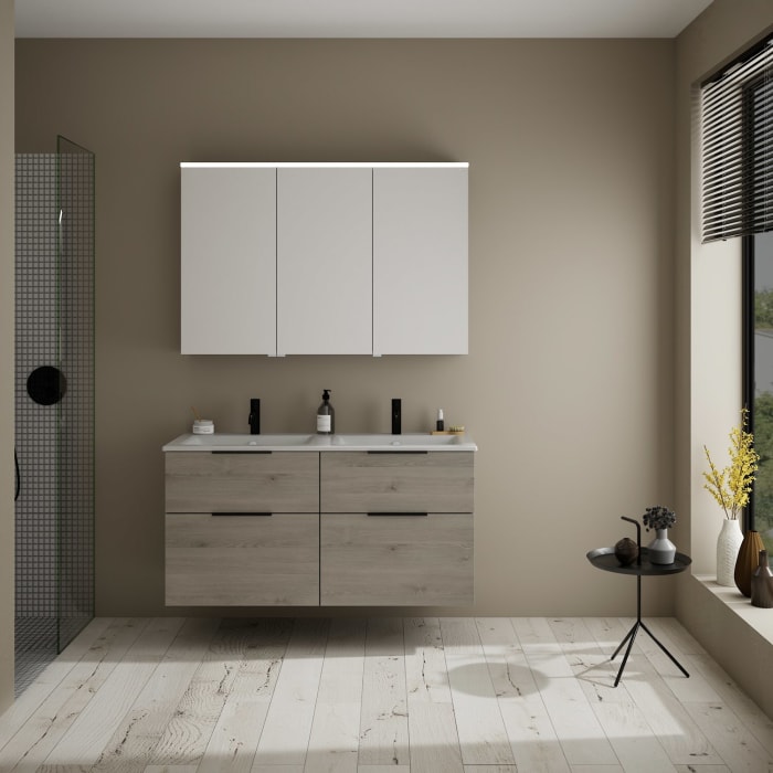 burgbad Eqio Waschtischkombination mit Keramik-Doppelwaschtisch Slim, 122 cm, mit Griff G0200