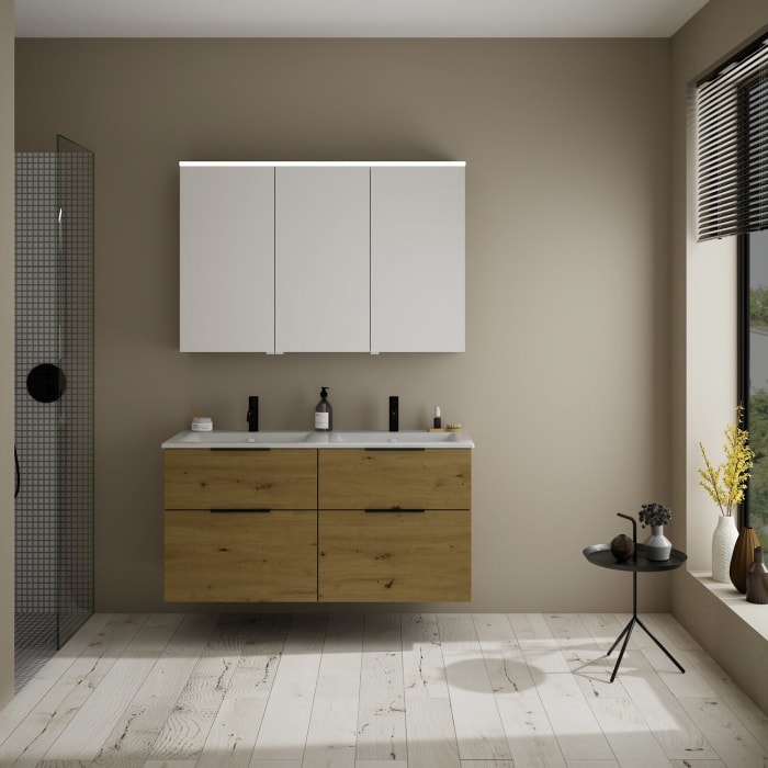 burgbad Eqio Waschtischkombination mit Keramik-Doppelwaschtisch Slim, 122 cm, mit Griff G0200