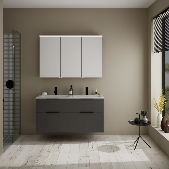 burgbad Eqio Waschtischkombination mit Keramik-Doppelwaschtisch Slim, 122 cm, mit Griff G0200