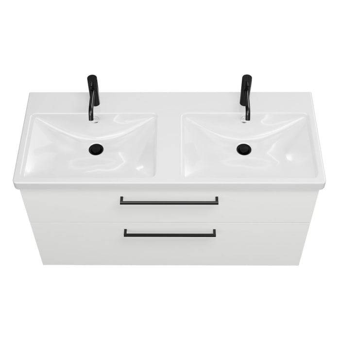 burgbad Eqio Waschtischkombination mit Keramik-Doppelwaschtisch mit LED-Beleuchtung, 123 cm, mit Stangengriff G0234