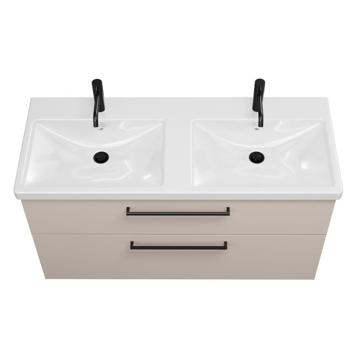 burgbad Eqio Waschtischkombination mit Keramik-Doppelwaschtisch mit LED-Beleuchtung, 123 cm, mit Stangengriff G0234