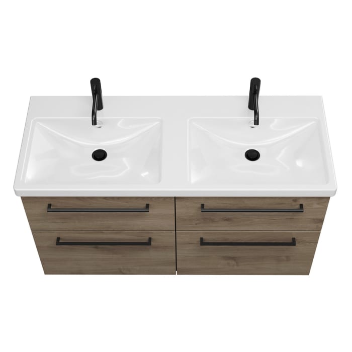 burgbad Eqio Waschtischkombination mit Keramik-Doppelwaschtisch mit LED-Beleuchtung, 123 cm, mit Stangengriff G0234