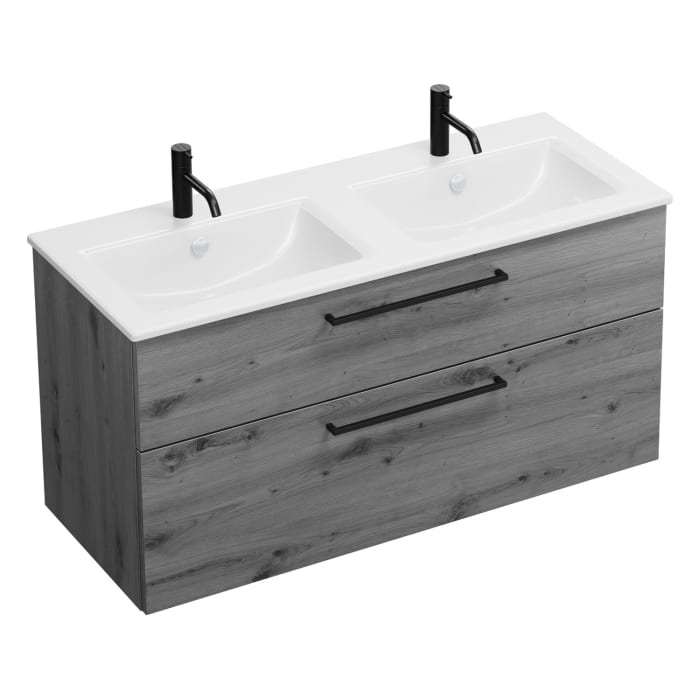 burgbad Eqio Waschtischkombination mit Keramik-Doppelwaschtisch Slim, 122 cm, mit Stangengriff G0234