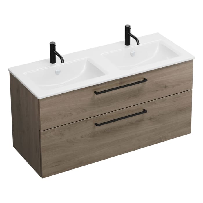 burgbad Eqio Waschtischkombination mit Keramik-Doppelwaschtisch Slim, 122 cm, mit Stangengriff G0234