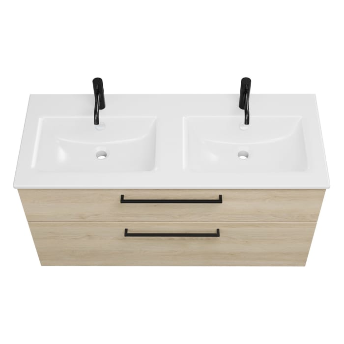 burgbad Eqio Waschtischkombination mit Keramik-Doppelwaschtisch Slim, 122 cm, mit Stangengriff G0234