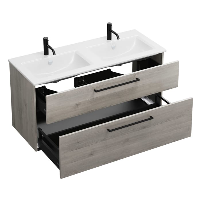 burgbad Eqio Waschtischkombination mit Keramik-Doppelwaschtisch Slim, 122 cm, mit Stangengriff G0234