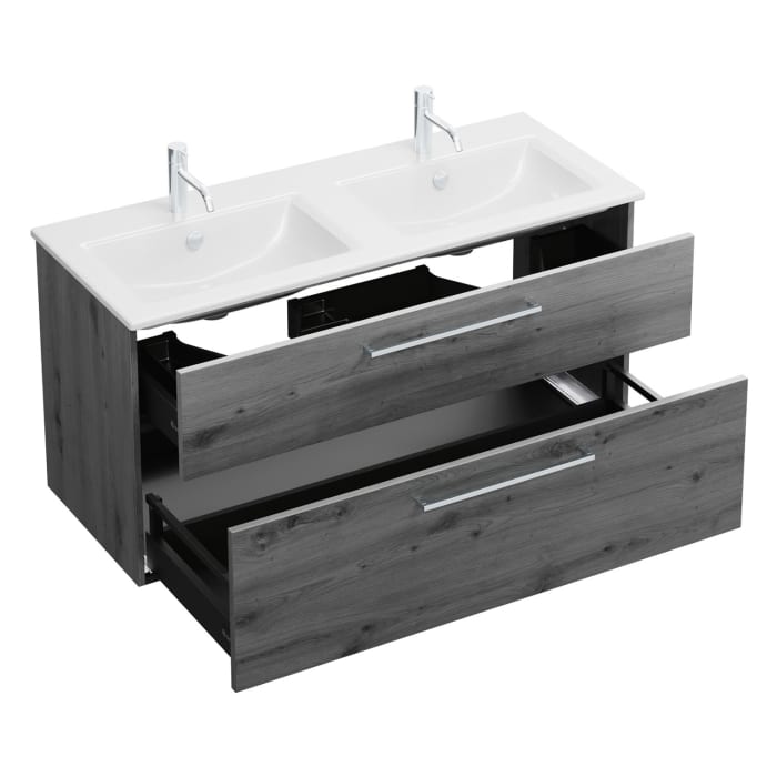 burgbad Eqio Waschtischkombination mit Keramik-Doppelwaschtisch Slim, 122 cm, mit Stangengriff P95