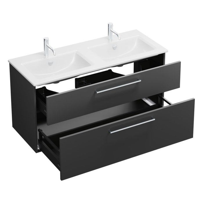 burgbad Eqio Waschtischkombination mit Keramik-Doppelwaschtisch Slim, 122 cm, mit Stangengriff P95