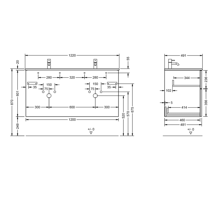burgbad Eqio Waschtischkombination mit Keramik-Doppelwaschtisch Slim, 122 cm, mit Stangengriff G0234