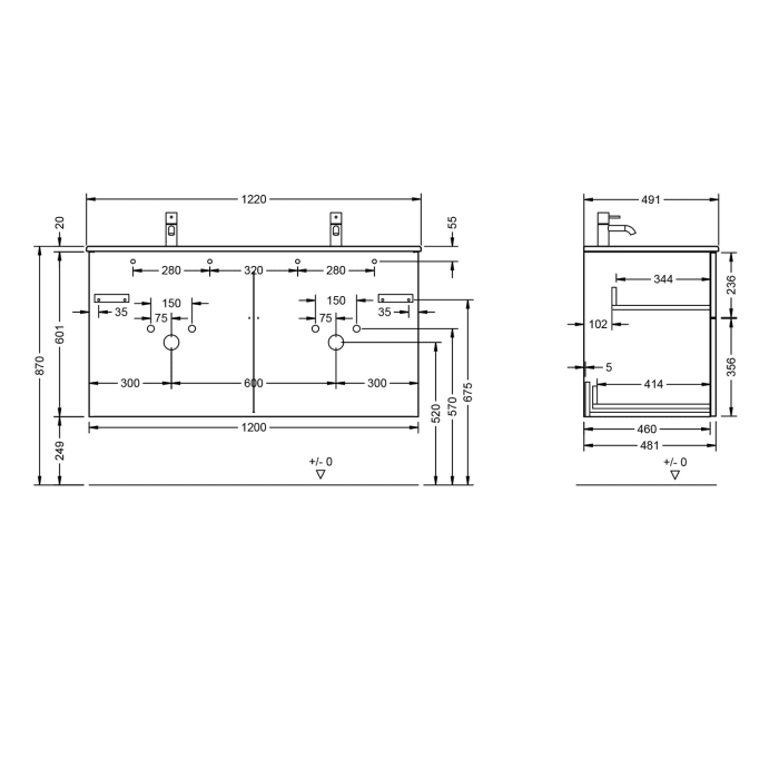 burgbad Eqio Waschtischkombination mit Keramik-Doppelwaschtisch Slim, 122 cm, mit Griffleiste G0252