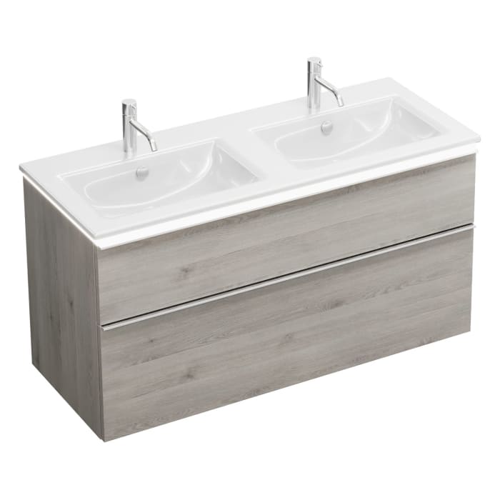 burgbad Eqio Doppelwaschtischkombination mit Keramik-Doppelwaschtisch Slim und LED-Beleuchtung, 122 cm, mit Griffleiste G0251