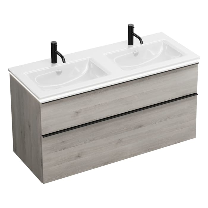 burgbad Eqio Doppelwaschtischkombination mit Keramik-Doppelwaschtisch Slim und LED-Beleuchtung, 122 cm, mit Griffleiste G0252