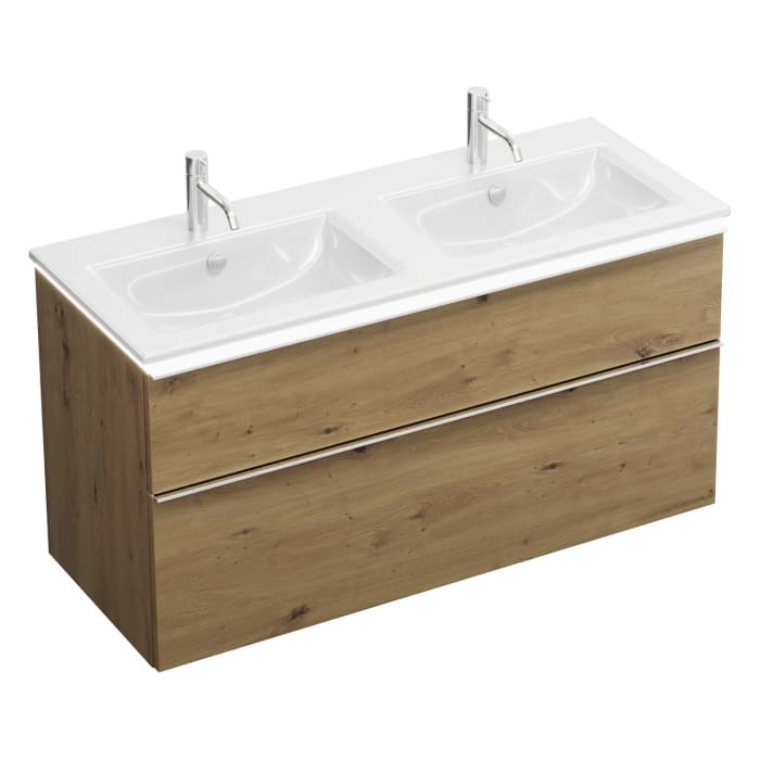 burgbad Eqio Doppelwaschtischkombination mit Keramik-Doppelwaschtisch Slim und LED-Beleuchtung, 122 cm, mit Griffleiste G0251