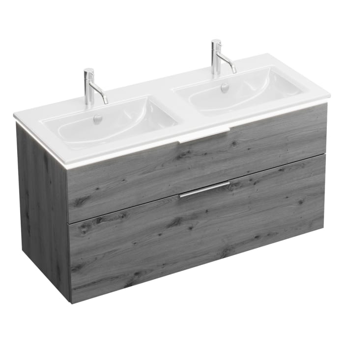 burgbad Eqio Doppelwaschtischkombination mit Keramik-Doppelwaschtisch Slim und LED-Beleuchtung, 122 cm, mit Griff G0146