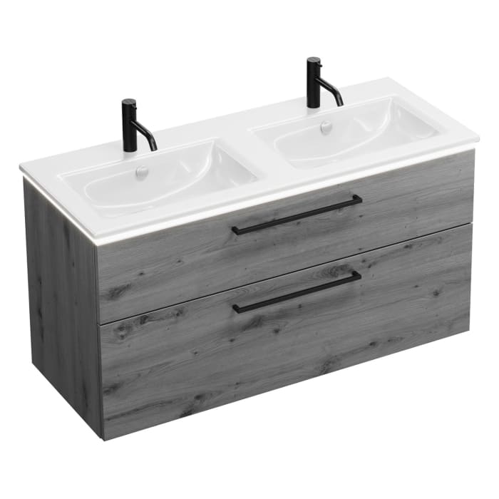 burgbad Eqio Doppelwaschtischkombination mit Keramik-Doppelwaschtisch Slim und LED-Beleuchtung, 122 cm, mit Stangengriff G0234