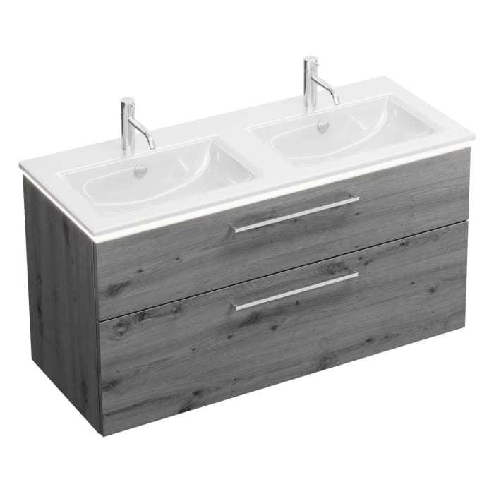 burgbad Eqio Doppelwaschtischkombination mit Keramik-Doppelwaschtisch Slim und LED-Beleuchtung, 122 cm, mit Stangengriff P95