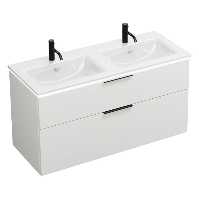 burgbad Eqio Doppelwaschtischkombination mit Keramik-Doppelwaschtisch Slim und LED-Beleuchtung, 122 cm, mit Griff G0200