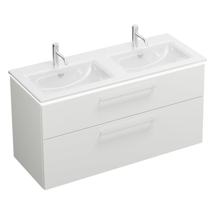 burgbad Eqio Doppelwaschtischkombination mit Keramik-Doppelwaschtisch Slim und LED-Beleuchtung, 122 cm, mit Stangengriff P95