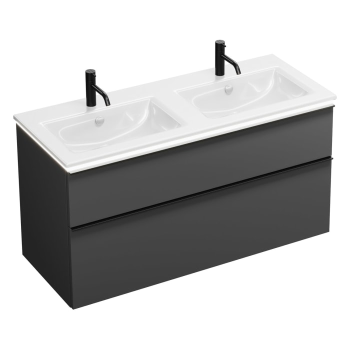 burgbad Eqio Doppelwaschtischkombination mit Keramik-Doppelwaschtisch Slim und LED-Beleuchtung, 122 cm, mit Griffleiste G0252