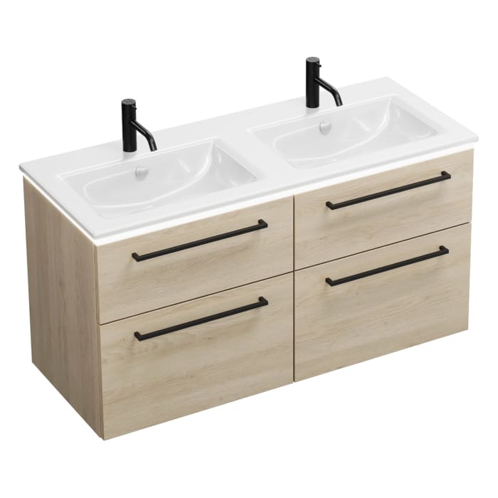 burgbad Eqio Doppelwaschtischkombination mit Keramik-Doppelwaschtisch Slim und LED-Beleuchtung, 122 cm, mit Stangengriff G0234