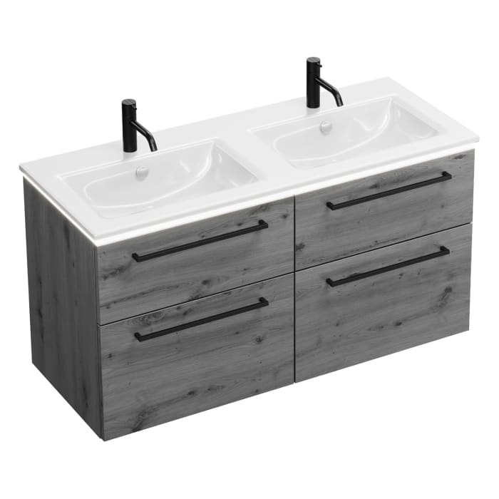 burgbad Eqio Doppelwaschtischkombination mit Keramik-Doppelwaschtisch Slim und LED-Beleuchtung, 122 cm, mit Stangengriff G0234